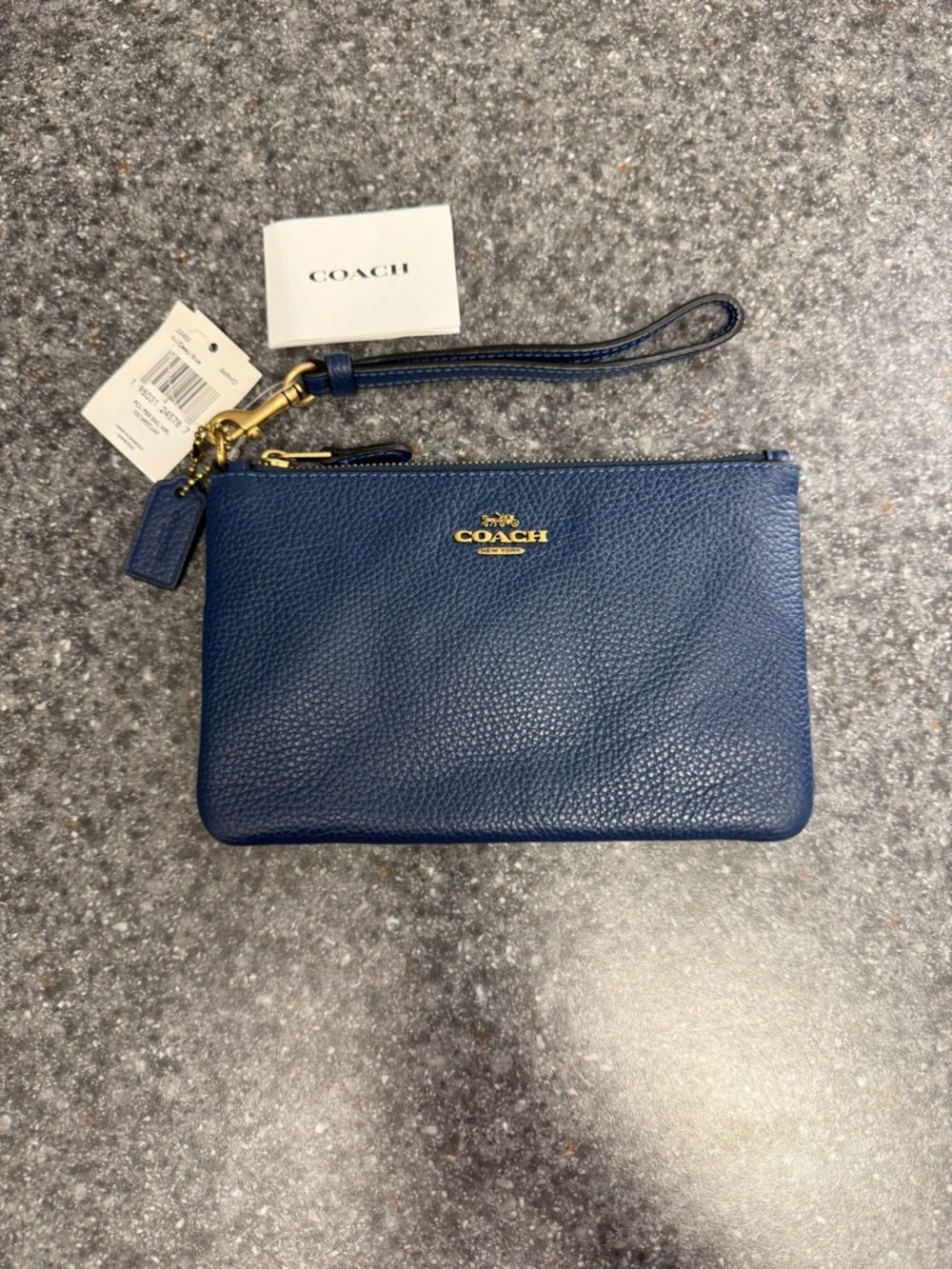 NWT Coach 22952 Deep Blue Polished Pebbled Leather Zippered Wristlet Wallet NEW